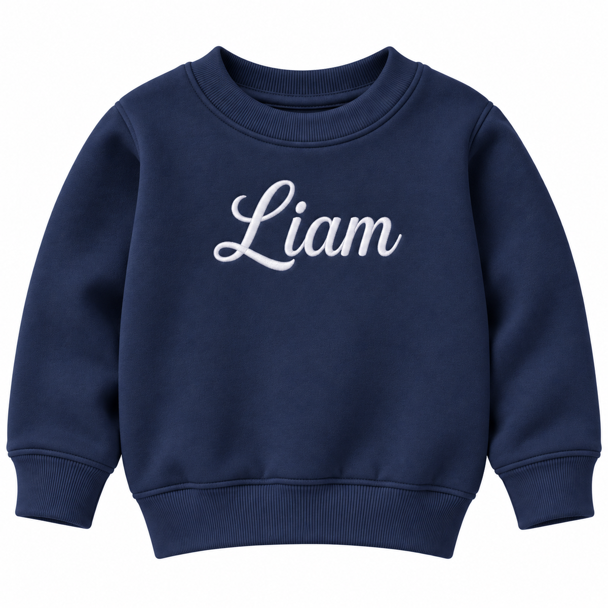 A navy blue crewneck sweatshirt with the name 'Liam' printed in white cursive script across the chest, shown against a plain white background.

