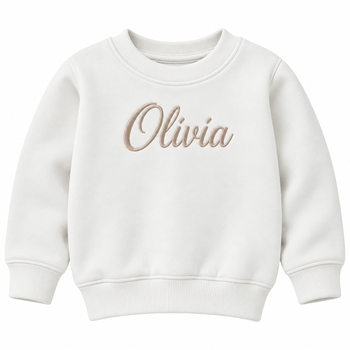 An off-white crewneck sweatshirt with the name 'Olivia' embroidered in a beige cursive font across the chest, displayed on a clean white background.

