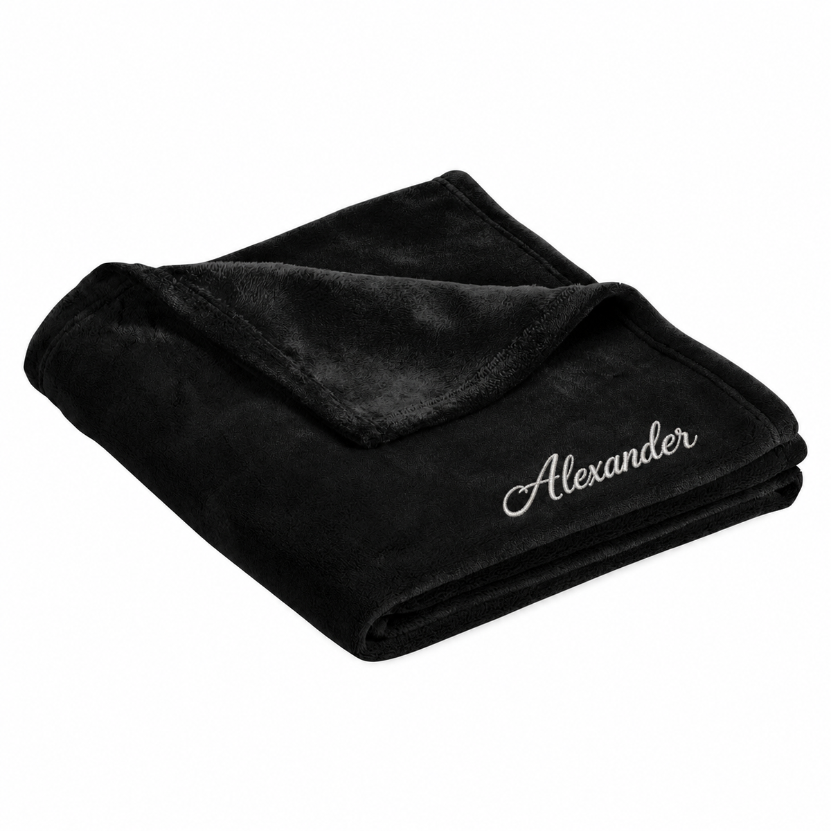 Personalized Deep Black ultra plush blanket embroidered with Alexander in white Flair Script