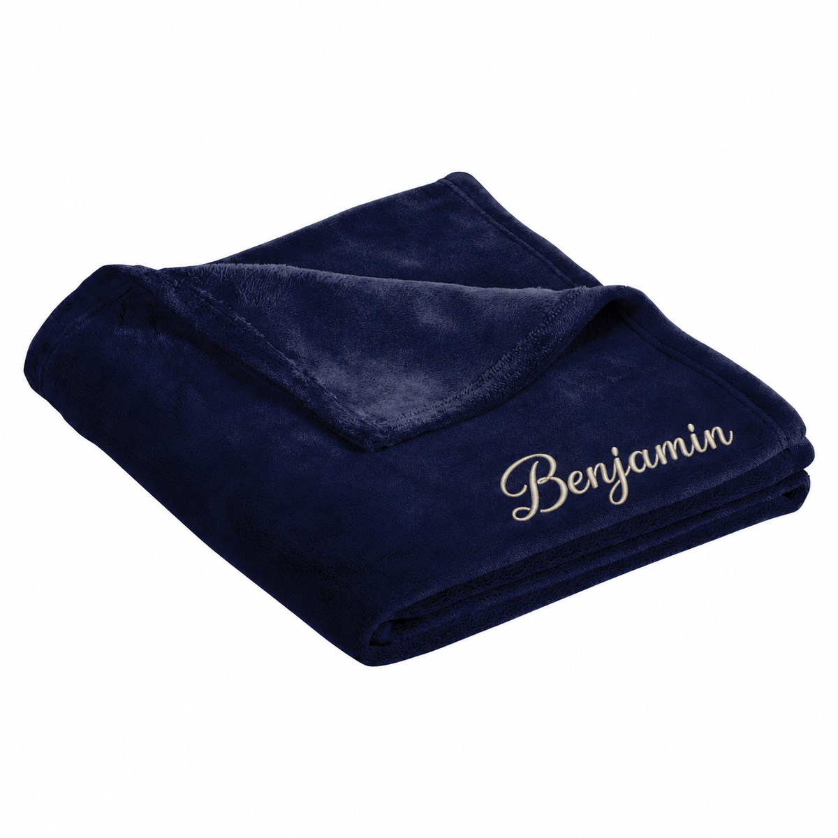 Personalized Deep Navy ultra plush blanket embroidered with Benjamin in cream Flair Script