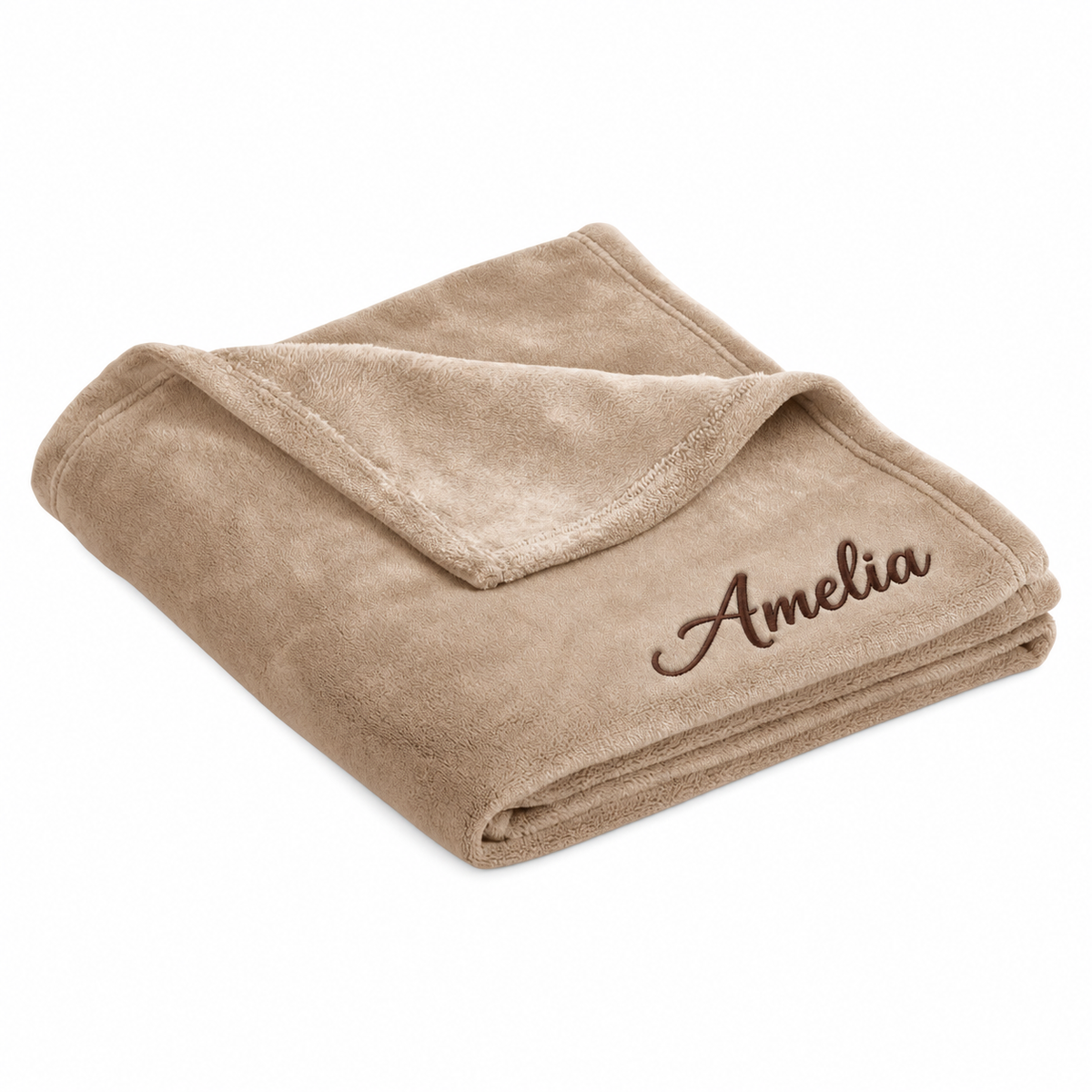 Personalized Fawn ultra plush blanket embroidered with Amelia in brown Flair Script