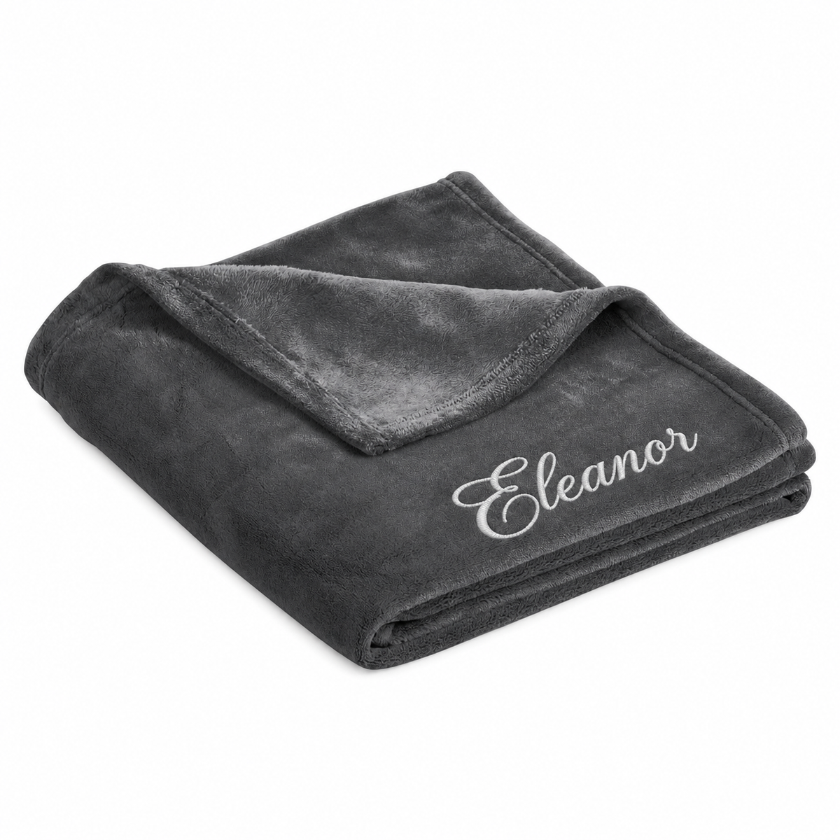 Personalized Graphite Grey ultra plush blanket embroidered with Eleanor in white Flair Script