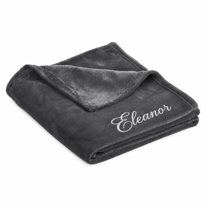 Personalized Graphite Grey ultra plush blanket embroidered with Eleanor in white Flair Script