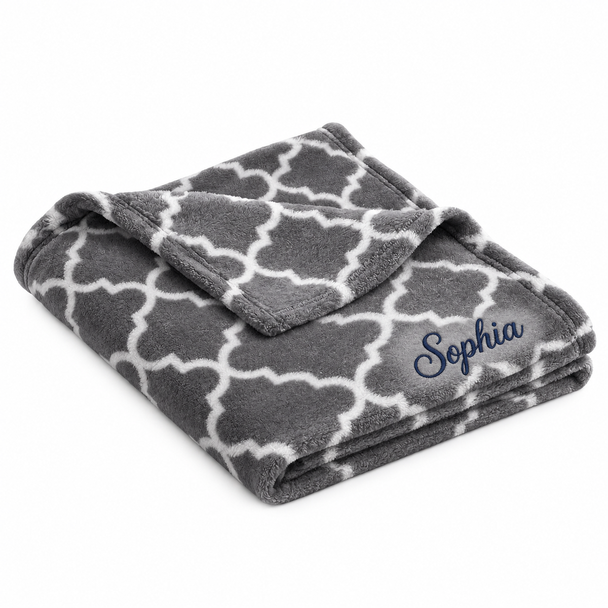 Personalized Graphite Grey Quatrefoil ultra plush blanket embroidered with Sophia in navy Flair Script