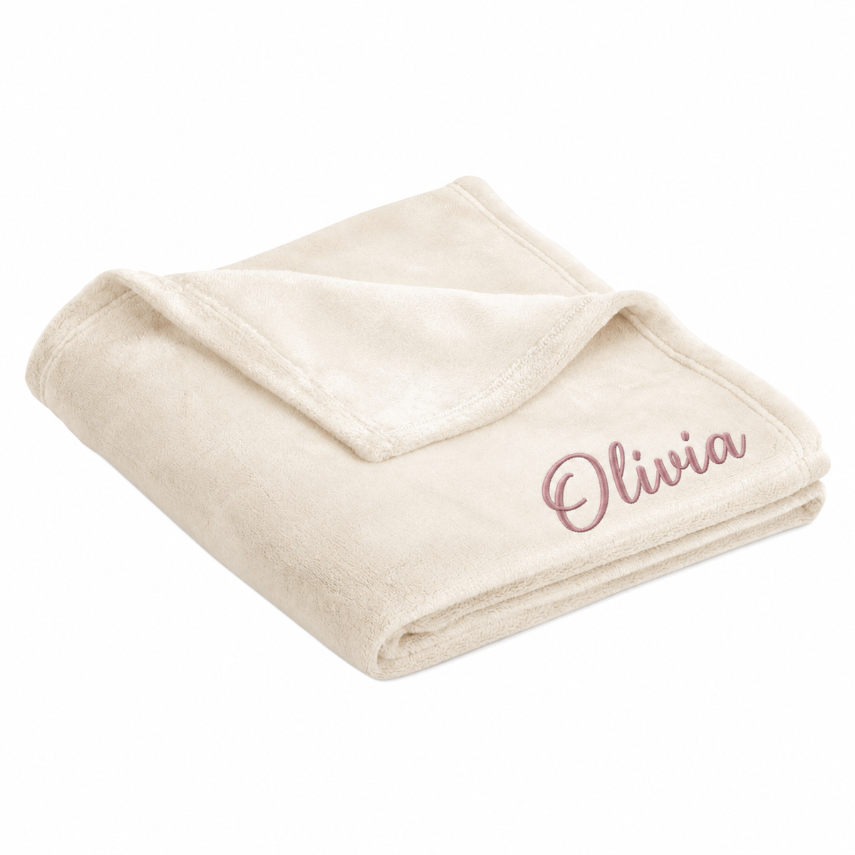 Personalized Marshmallow ultra plush blanket embroidered with Olivia in dusty rose Flair Script