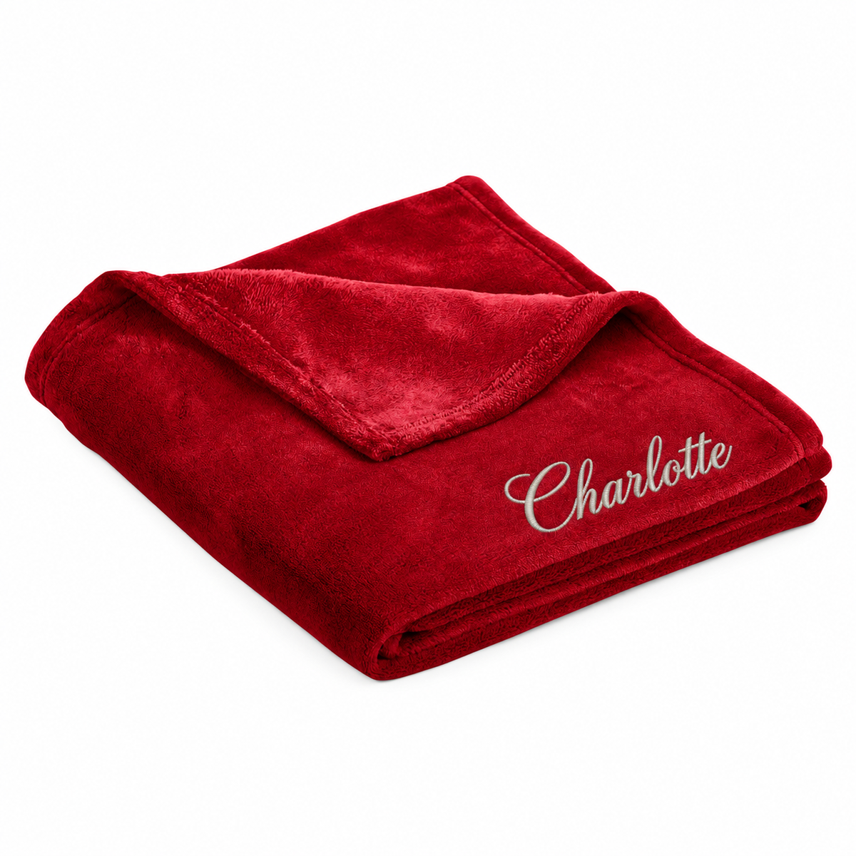 Personalized Rich Red ultra plush blanket embroidered with Charlotte in white Flair Script
