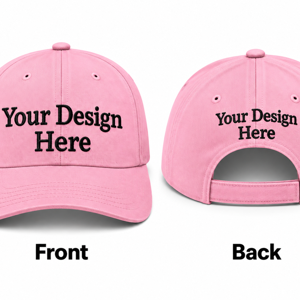 pink 565ffaf8 01b5 4640 afae 75637c2f58a5 custom embroidered baseball hat shown from the front and back