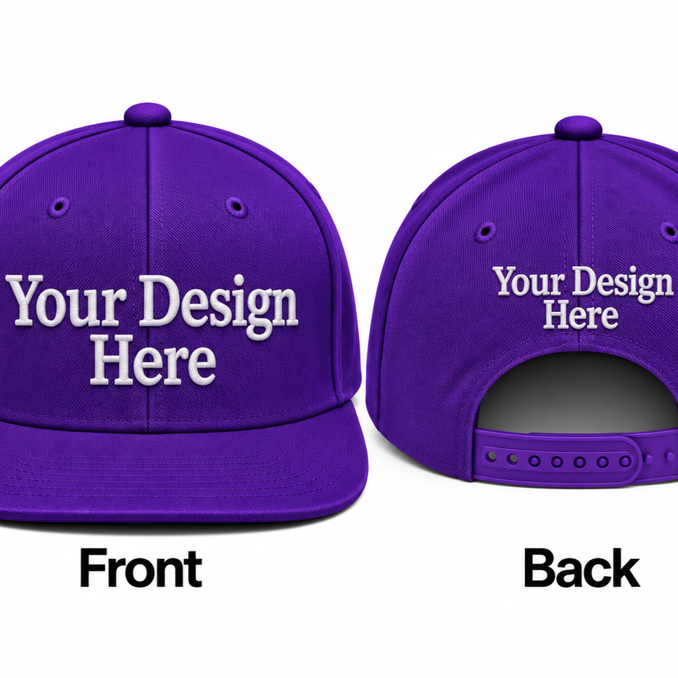 Purple custom embroidered snapback hat shown from the front and back