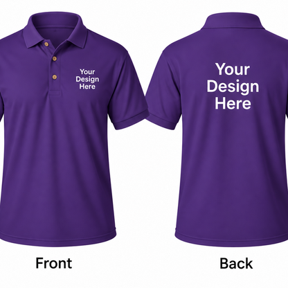 Purple custom men’s polo showing front and back design placement