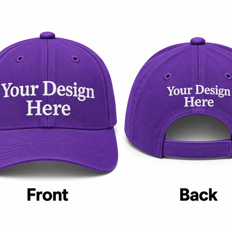 purple e7ecadbd e29d 4e0a 804a 1ba4ebfd6cd6 custom embroidered baseball hat shown from the front and back
