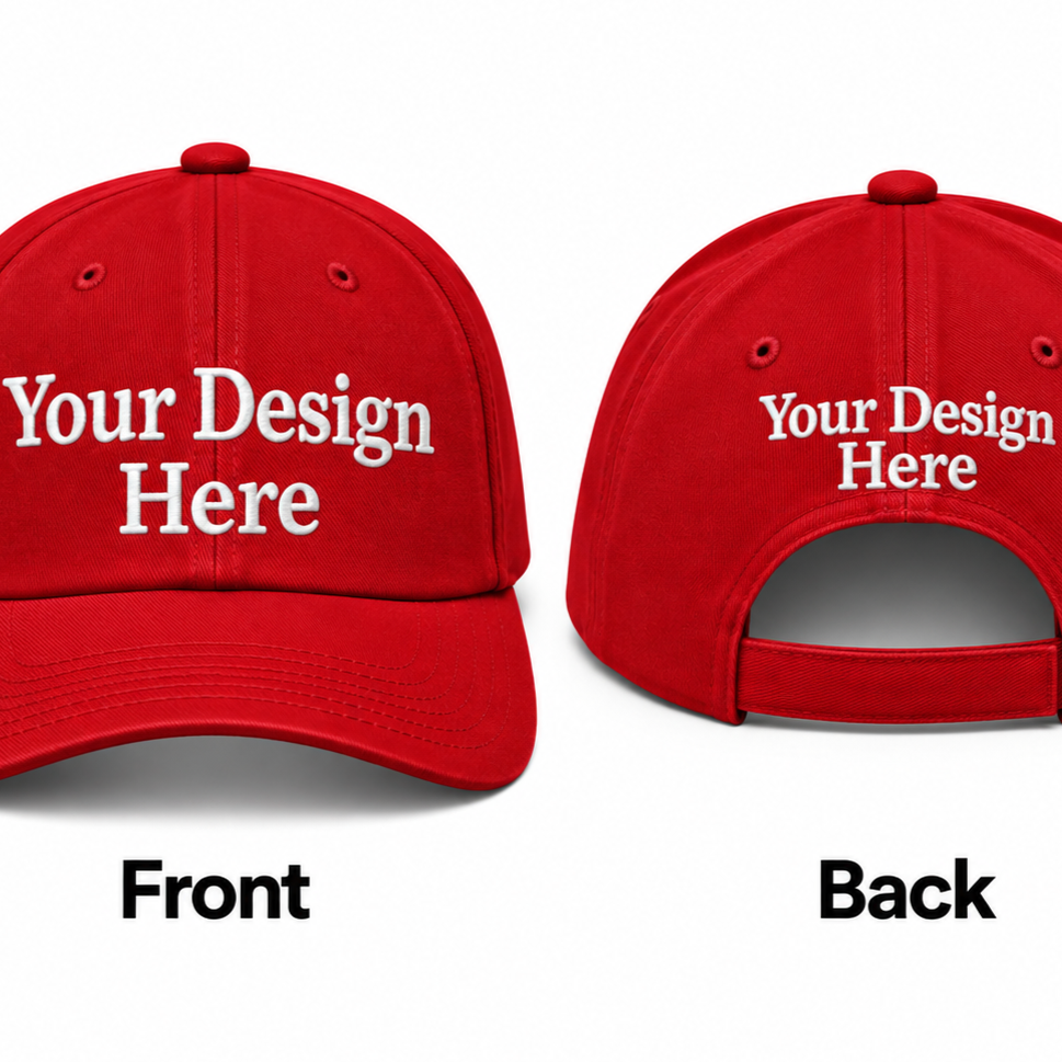red e4b28f1e 4417 48ab 9f39 4e17cb2cef85 custom embroidered baseball hat shown from the front and back