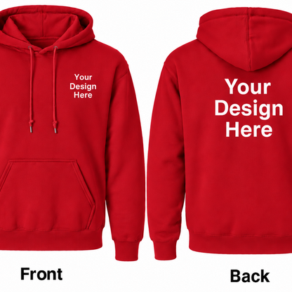 Red custom Gildan 18500 hoodie with front and back DTF printing