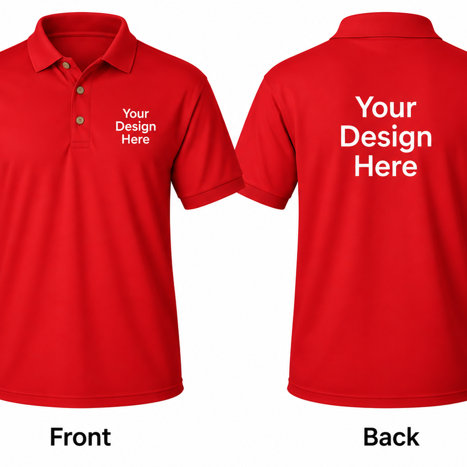 Red custom men’s polo showing front and back design placement
