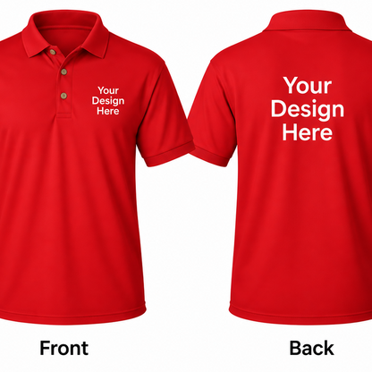 Red custom men’s polo showing front and back design placement