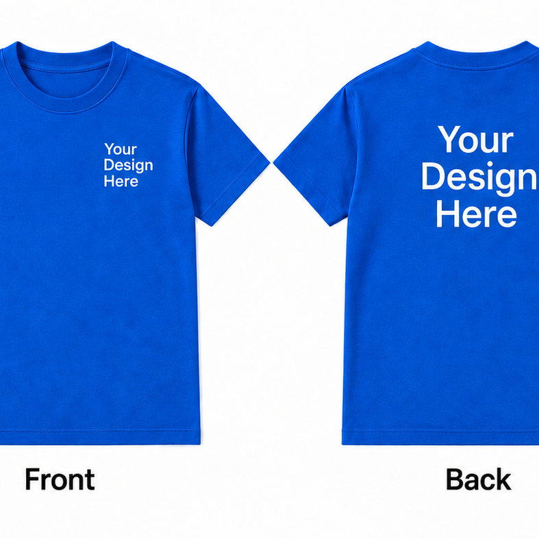 Royal Blue custom heavy cotton T-shirt showing front and back logo design placement
