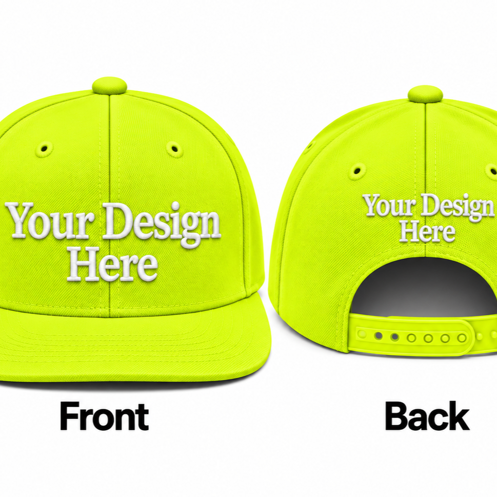 Safety Green custom embroidered snapback hat shown from the front and back