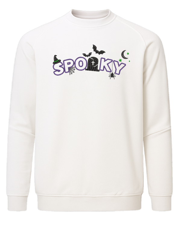 Spooky Halloween embroidered sweatshirt with witch hat, spider, bats, gravestone, crescent moon, and stars stitched design
