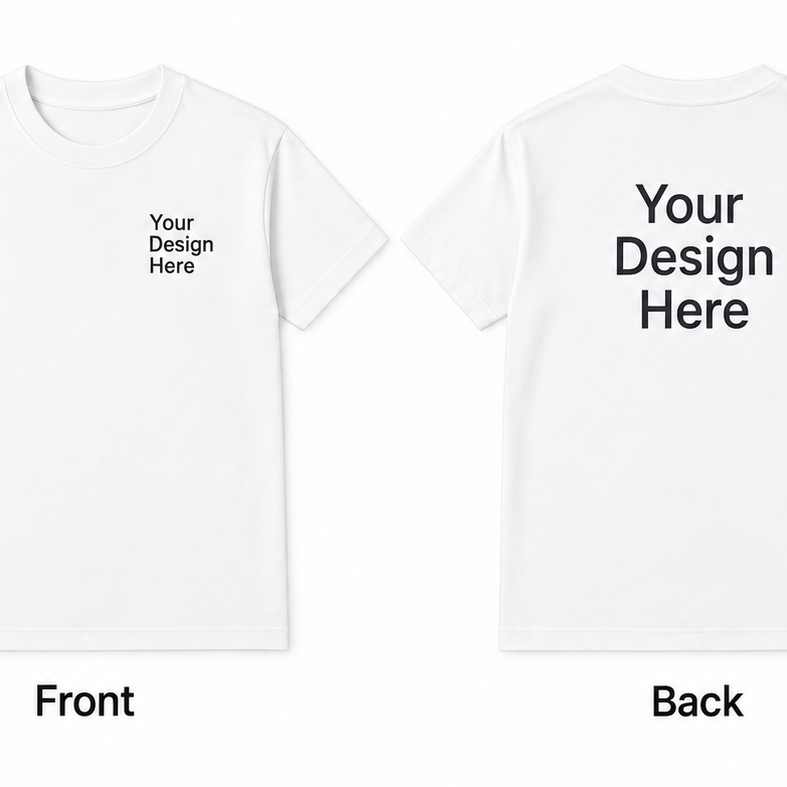 White custom heavy cotton T-shirt showing front and back logo design placement