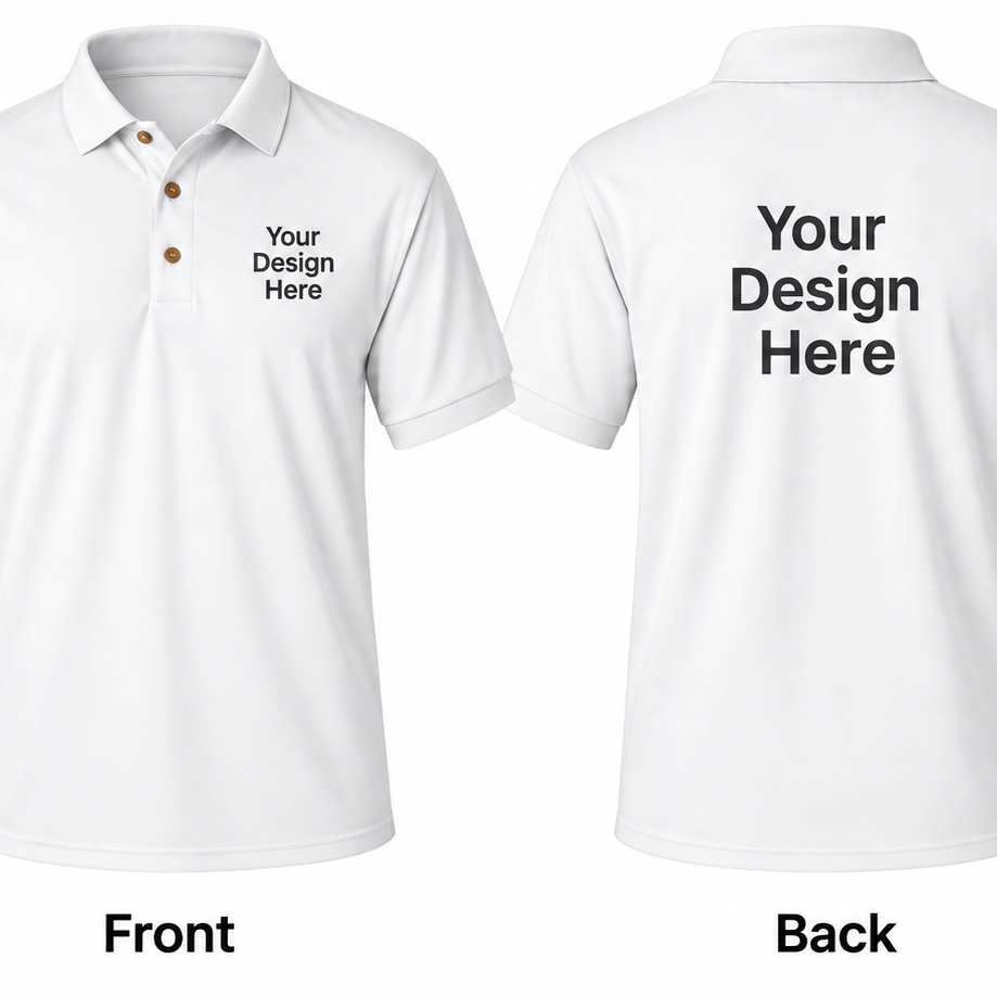 White custom men’s polo showing front and back design placement