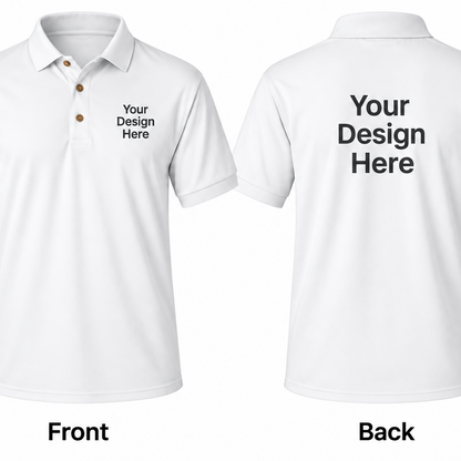 White custom men’s polo showing front and back design placement