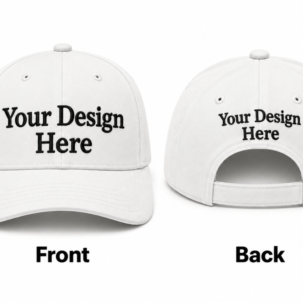 white 4a3bf21b 3c4a 4b9a aca7 f2585a8d1093 custom embroidered baseball hat shown from the front and back