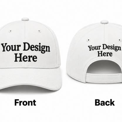 white 4a3bf21b 3c4a 4b9a aca7 f2585a8d1093 custom embroidered baseball hat shown from the front and back