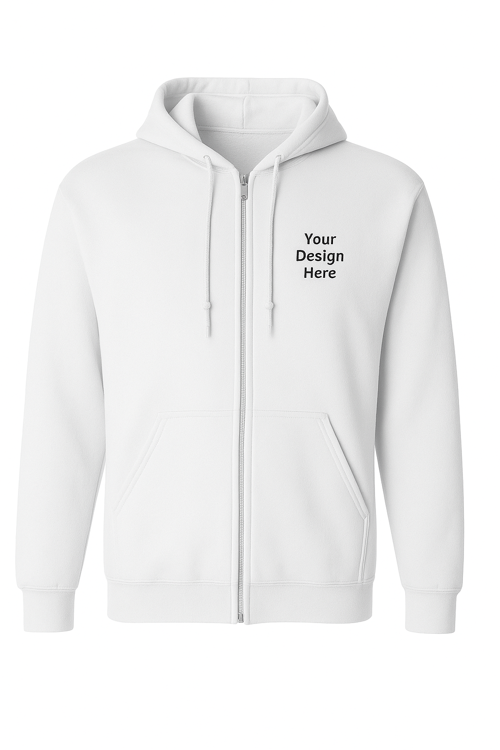 White hoodie with text 'Your Design Here' on a white background
 Unisex full-zip hoodie with metal zipper, pouch pocket, and custom full-color logo print on chest.
