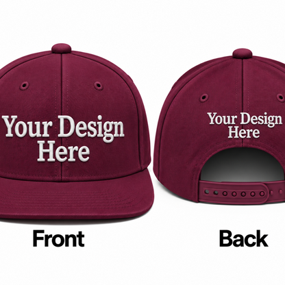 Wine custom embroidered snapback hat shown from the front and back